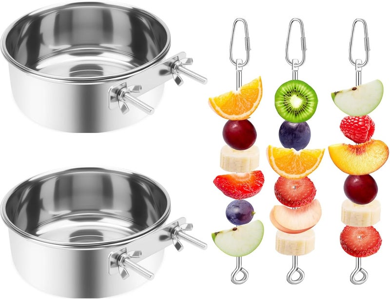 VOXGET 2 Pcs Bird Feeder Bowls with 3 Pcs Food Holder for Cage, Parrot Food Water Bowls and Fruit Skewer Foraging Toy, Stainless Steel Bird Feeding Dish Cups for Small Animals (Silvery, 5 Pcs) - Image 1